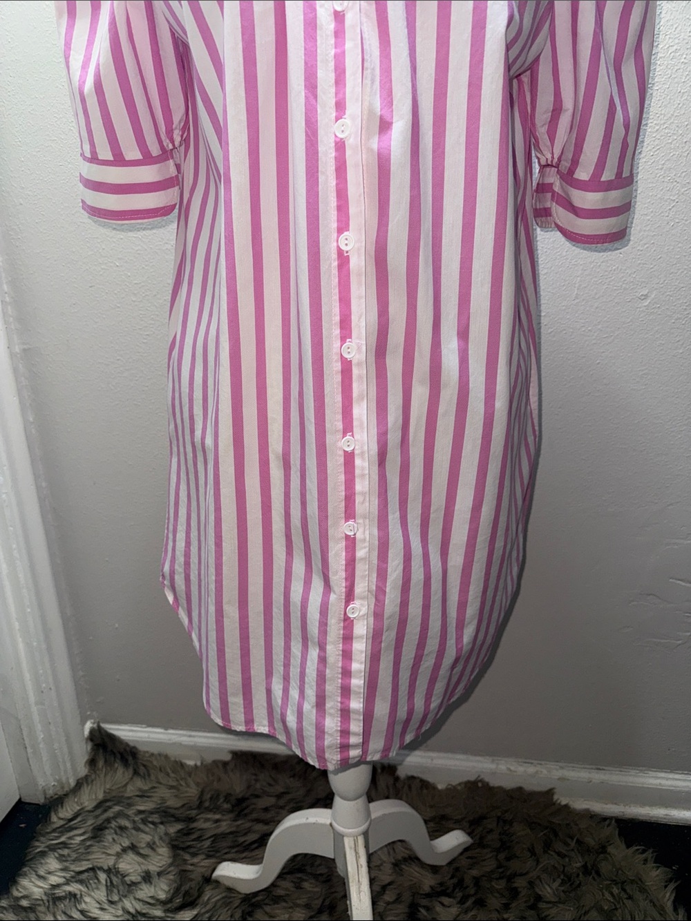 Adrienne Pink & White Striped Ruffle-Collar Midi Shirt Dress - Picture 3 of 7